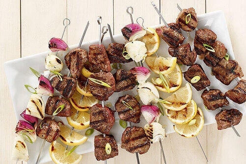 Grilled Lamb Skewers with Lemon & Onion Medley